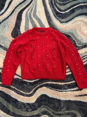 New York & Company Red Beaded Cable Knit Crewneck Sweater
